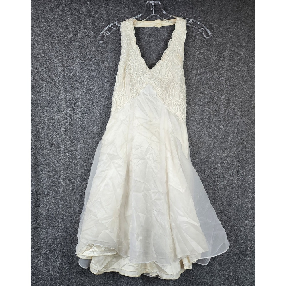 Faviana Cocktail Dress Women 7/8 Cream Lace Halter Tulle Open Back Formal